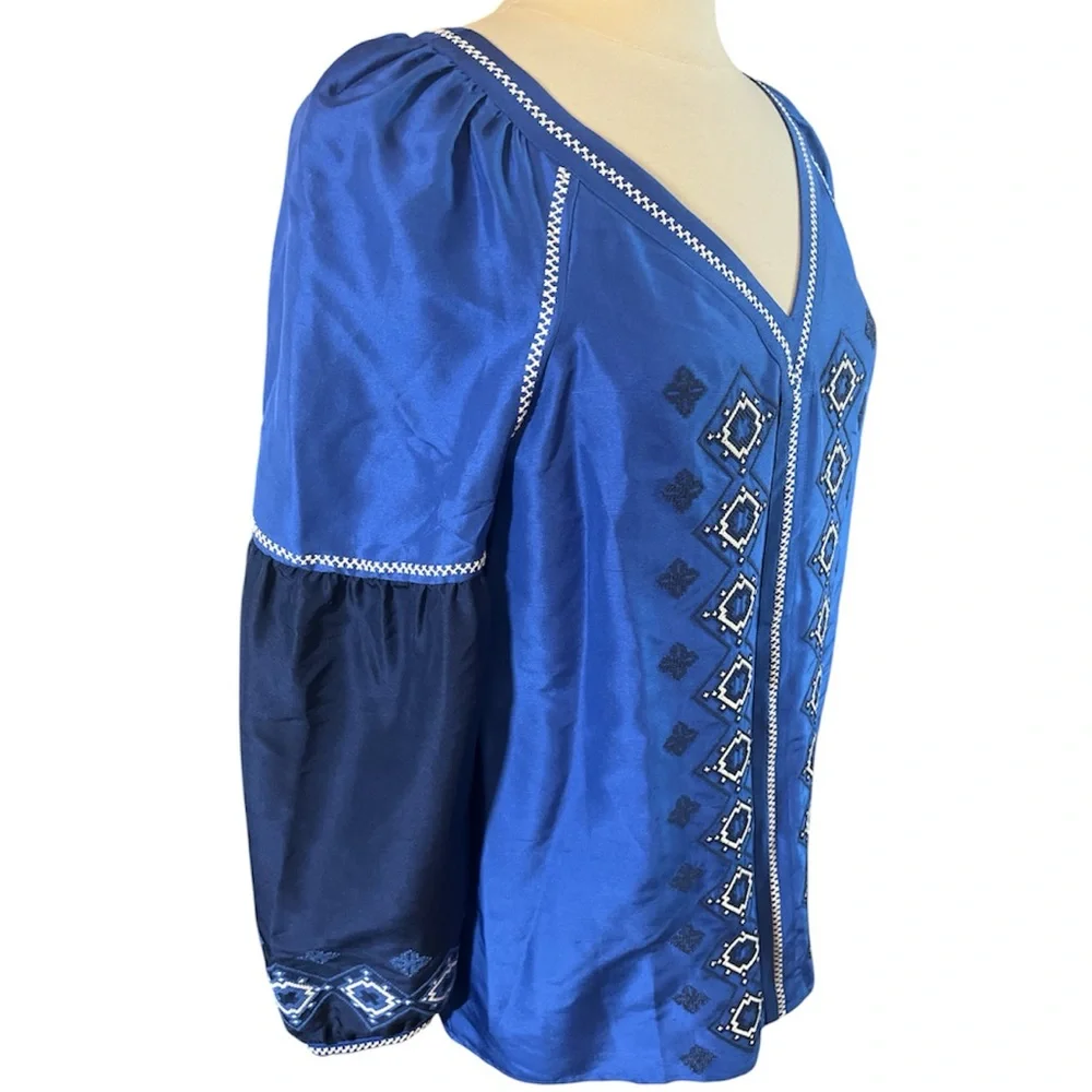 Tory Burch Royal Blue Silk Bohemian Embroidered Blouse Size 8
